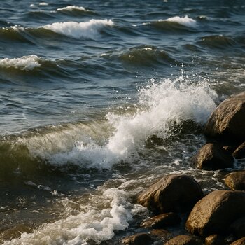 Озеро с короткой волной от ветра, берег с редкими деревьями вдали