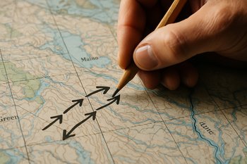 Рука отмечает стрелками направления течения на схематичном рисунке реки в блокноте