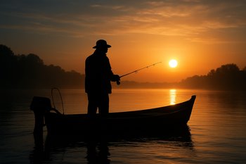 Силуэт лодки на фоне светлеющего неба над рекой на рассвете