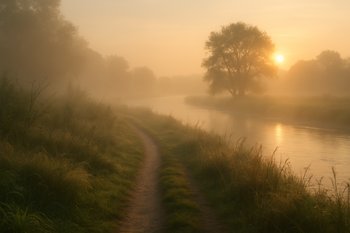 Узкая тропа к реке на рассвете, вдоль пути темнеют силуэты деревьев