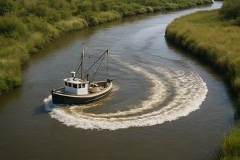 Лодка делает поворот в узком русле, рядом с бортом виден отмель