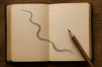 Страница дневника с нарисованной изогнутой линией маршрута и короткой подписью