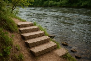 Ступени спускаются к берегу реки ранним утром, на перилах лежит удилище