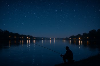 Ночной берег реки, вдоль воды тянутся отражения далёких огней