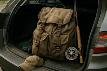 Рюкзак и удилища лежат в открытом багажнике машины после возвращения с реки