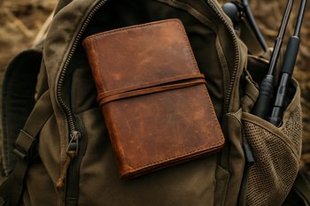 Закрытый дневник лежит на рюкзаке, готовый к следующему выезду