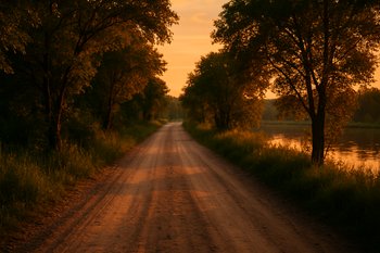 Грунтовая дорога вечером, по ней возвращается машина от реки