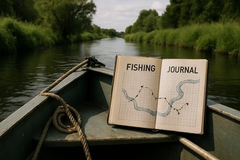 Лодка идёт по узкому руслу, на борту видно закреплённый блокнот с маршрутом