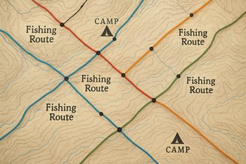 Крупный план карты с пересекающимися линиями маршрутов и отметками стоянок