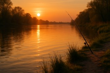 Узкий путь к берегу на закате, вдоль тропы лежат сухие ветки