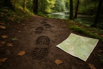 Следы сапог на лесной тропе, ведущей к реке, рядом виден кусок карты