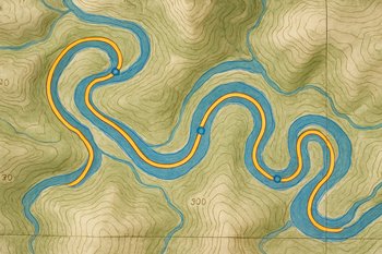 Фрагмент карты с выделенным маркером маршрутом вдоль излучин реки