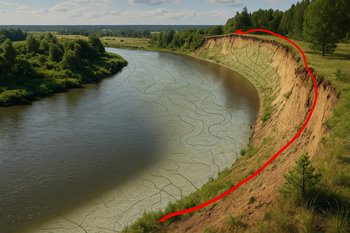 Крупная излучина реки с высоким берегом и отмеченной на карте линией маршрута