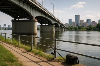 Городской мост над рекой, вдоль берега проходит освещённая дорожка