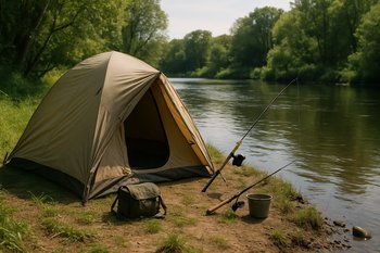 Небольшая стоянка на берегу реки, видно костровище и удилища у воды