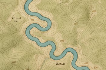 Узкая полоска карты с руслом реки и несколькими поворотами, отмеченными стрелками