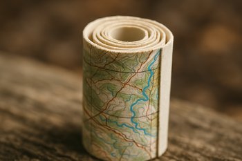 Небольшой свёрнутый лист с картой маршрута лежит на столе рядом с карандашом