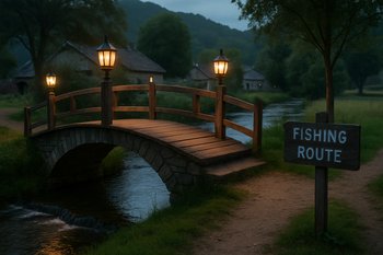 Небольшой деревенский мост с фонарями, за ним виден просвет к реке