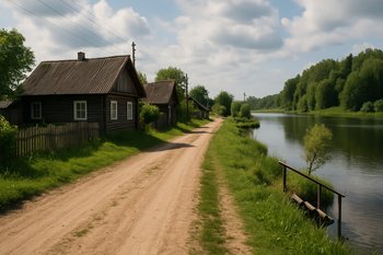 Грунтовая дорога идёт вдоль деревенских домов и уходит в сторону реки