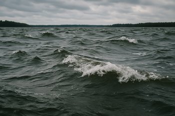 Открытый участок реки с рябью от сильного ветра и низким серым небом