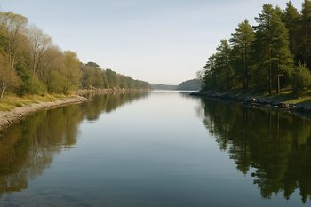 Тихая бухта с гладкой водой, закрытая от ветра берегами и деревьями