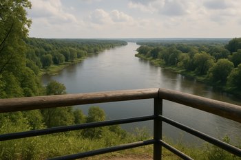 Вид на реку из-за перил, узкий участок воды проходит между деревьями