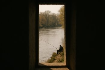 Узкий вырез карты с изогнутым руслом реки и несколькими отметками